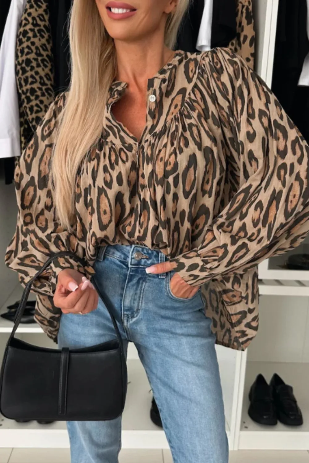 Leopard Notched Long Sleeve Blouse sold by Charming Charlie product image thumbnail 3