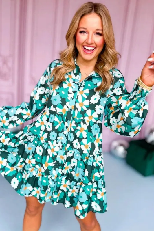 Green Floral Tiered Long Puff Sleeve Shirt Dress sold by Charming Charlie