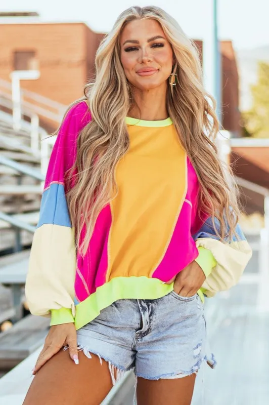 Women Colorblock Patchwork Exposed Stitching Top sold by Charming Charlie