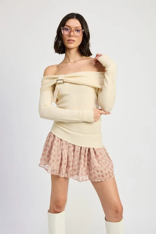 MIXED MEDIA OFF SHOULDER MINI DRESS sold by Charming Charlie