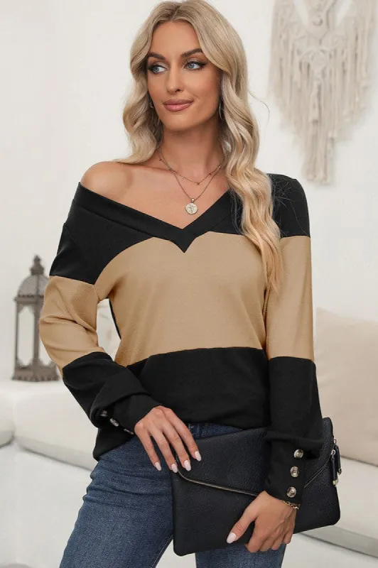 Women Colorblock Decor Long Sleeve V Neck Top sold by Charming Charlie