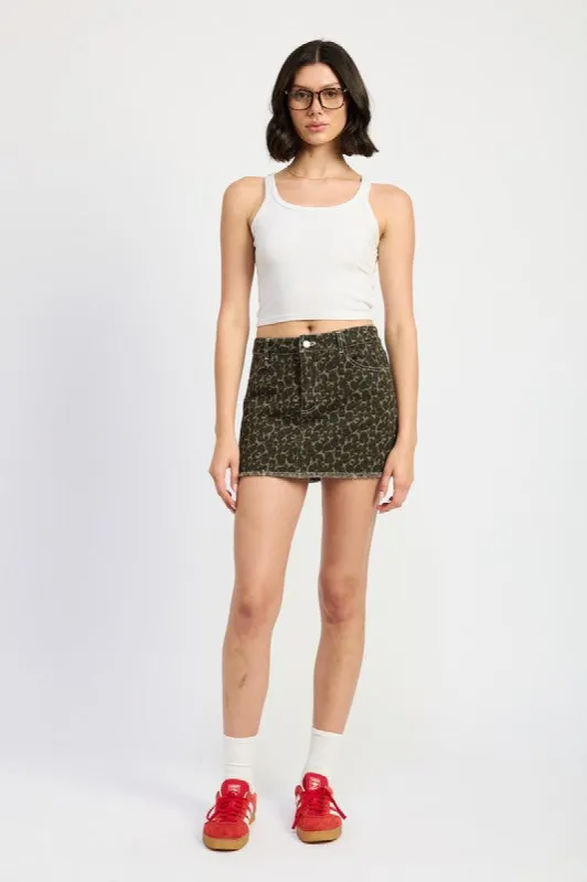 PRINTED DENIM SKIRT sold by Charming Charlie