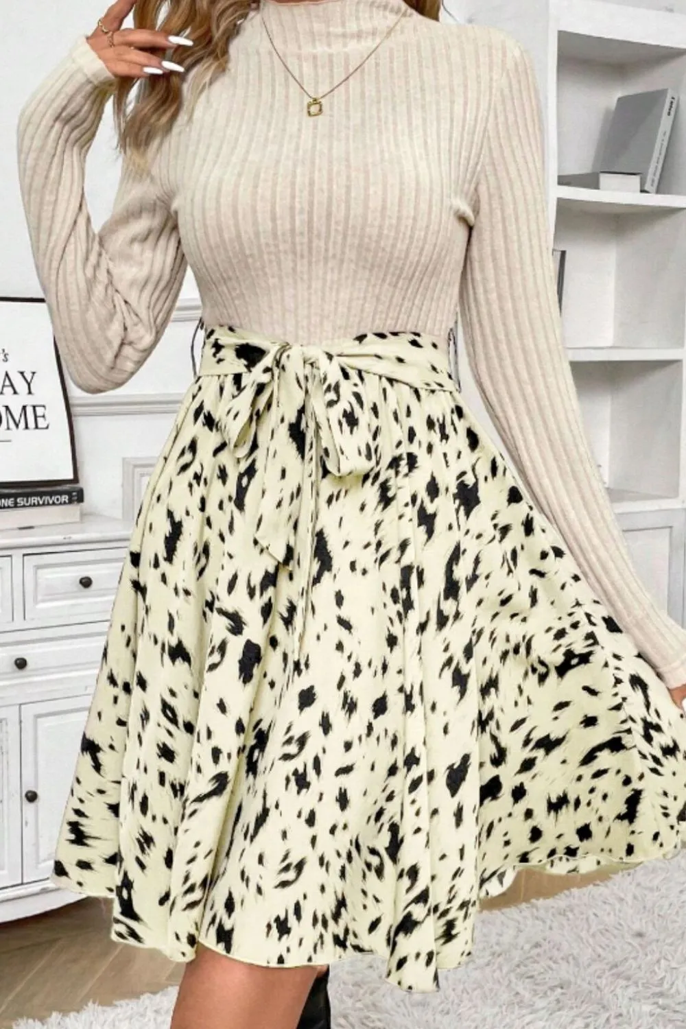 Printed Tie Waist Mock Neck Long Sleeve Dress sold by Charming Charlie product image thumbnail 2
