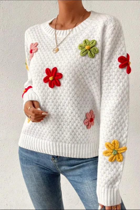 Crochet Flower Round Neck Long Sleeve Sweater sold by Charming Charlie