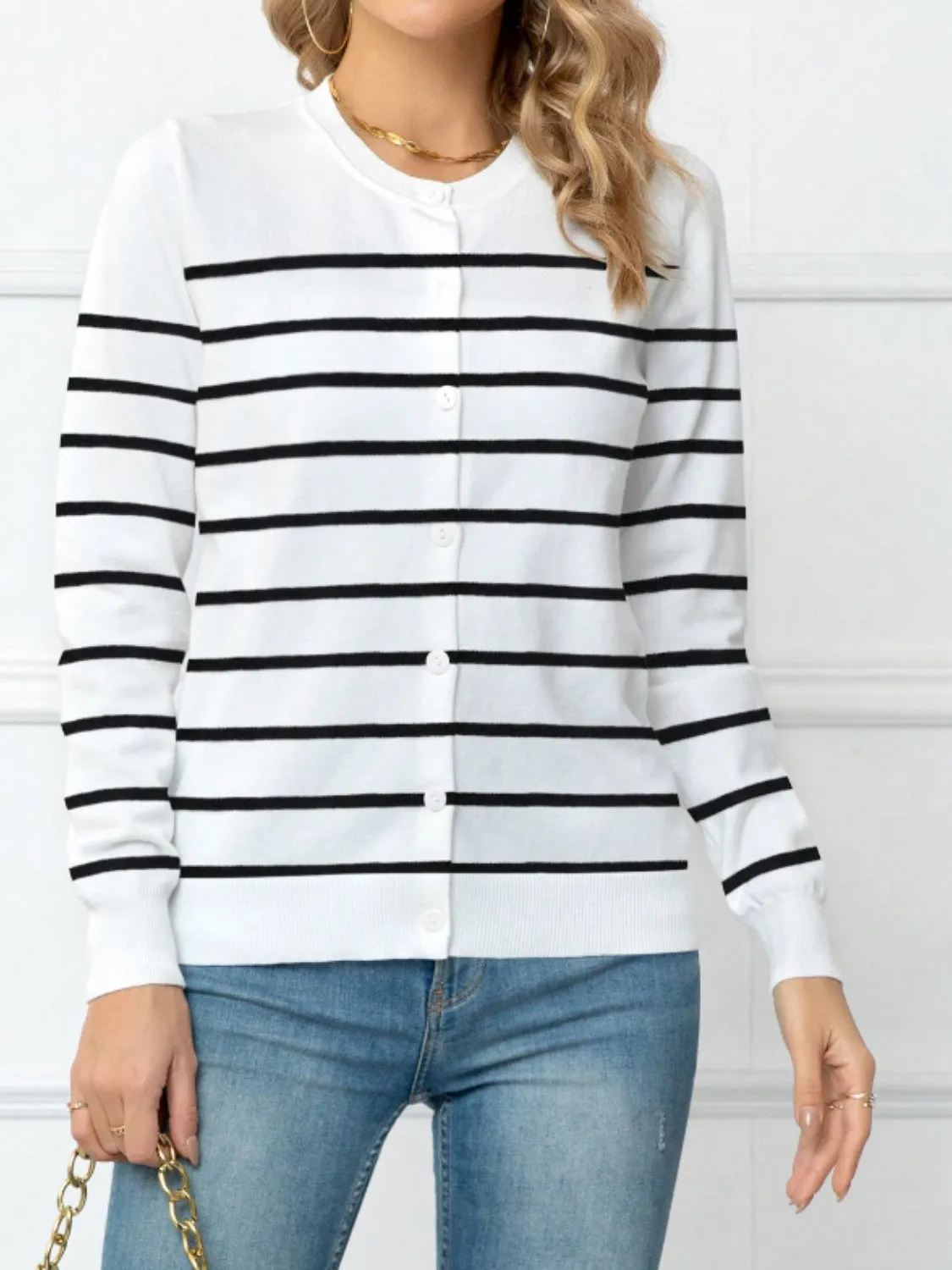 Striped Round Neck Button Up Cardigan sold by Charming Charlie product image thumbnail 3