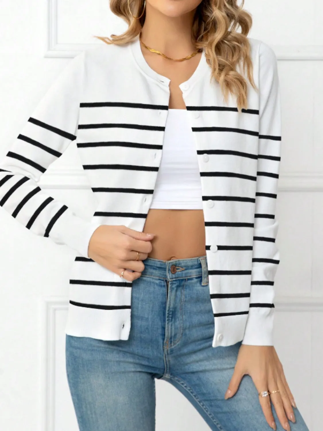 Striped Round Neck Button Up Cardigan sold by Charming Charlie