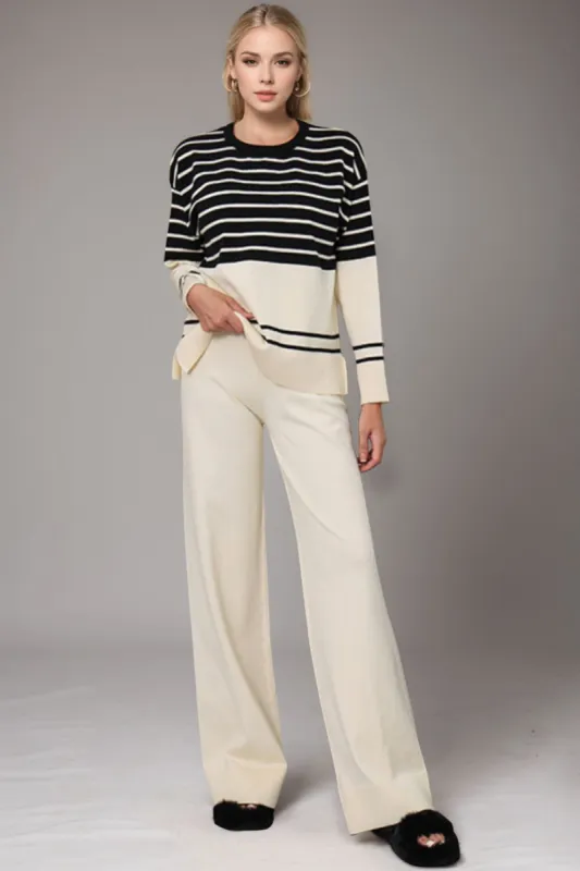 Basic Bae Striped Round Neck Long Sleeve Top and Pants Sweater Set sold by Charming Charlie