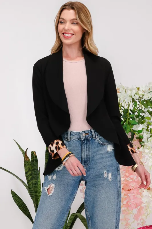 Celeste Full Size Rolled Leopard Cuff Open Front Blazer sold by Charming Charlie