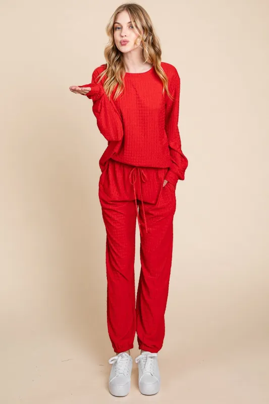 Super Lady Full Size Crinkle Check Round Neck Top and Pants Lounge Set sold by Charming Charlie
