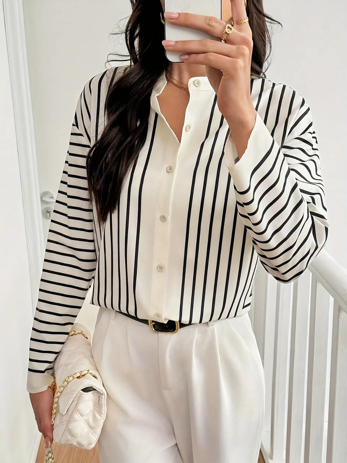 Striped Mock Neck Long Sleeve Shirt sold by Charming Charlie product image thumbnail 5