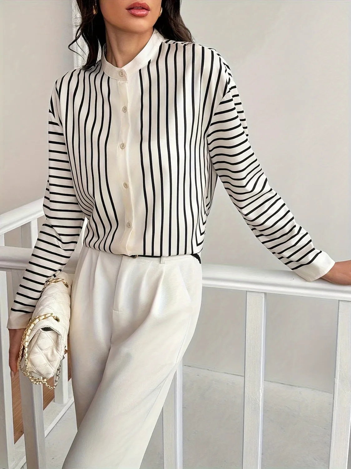 Striped Mock Neck Long Sleeve Shirt sold by Charming Charlie product image thumbnail 3