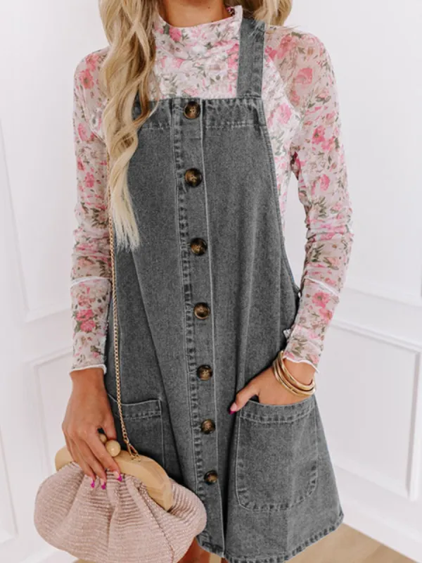 Wide Strap Button Down Denim Overall Dress sold by Charming Charlie