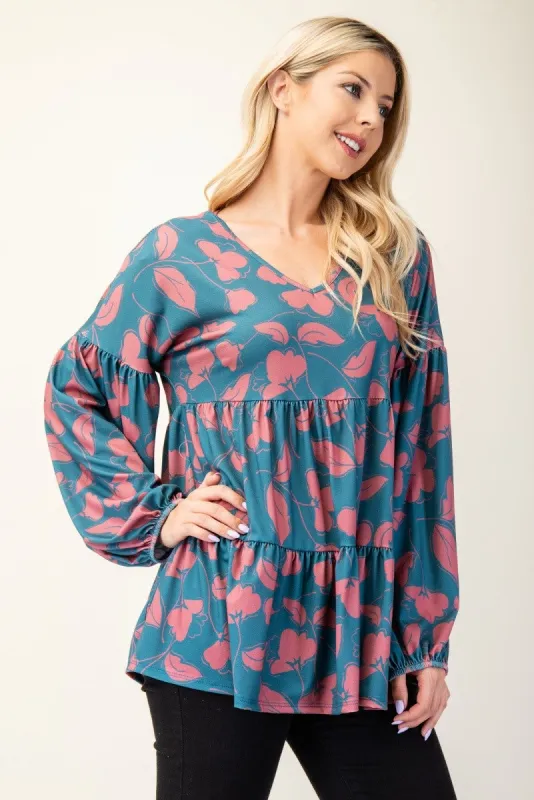 Celeste Full Size Tiered Floral V-Neck Long Sleeve Blouse sold by Charming Charlie