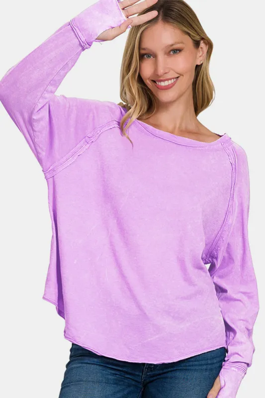 Zenana Round Neck Thumbhole Long Sleeve T-Shirt sold by Charming Charlie