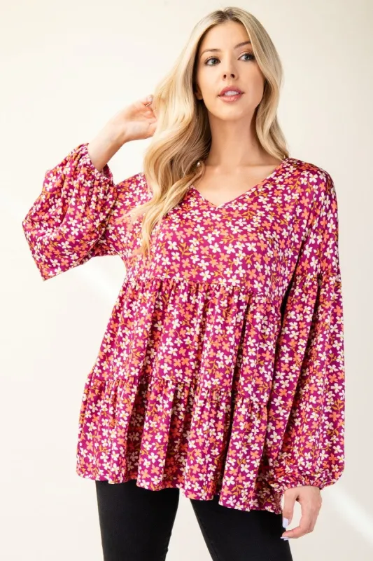 Celeste Full Size Floral V-Neck Balloon Sleeve Blouse sold by Charming Charlie