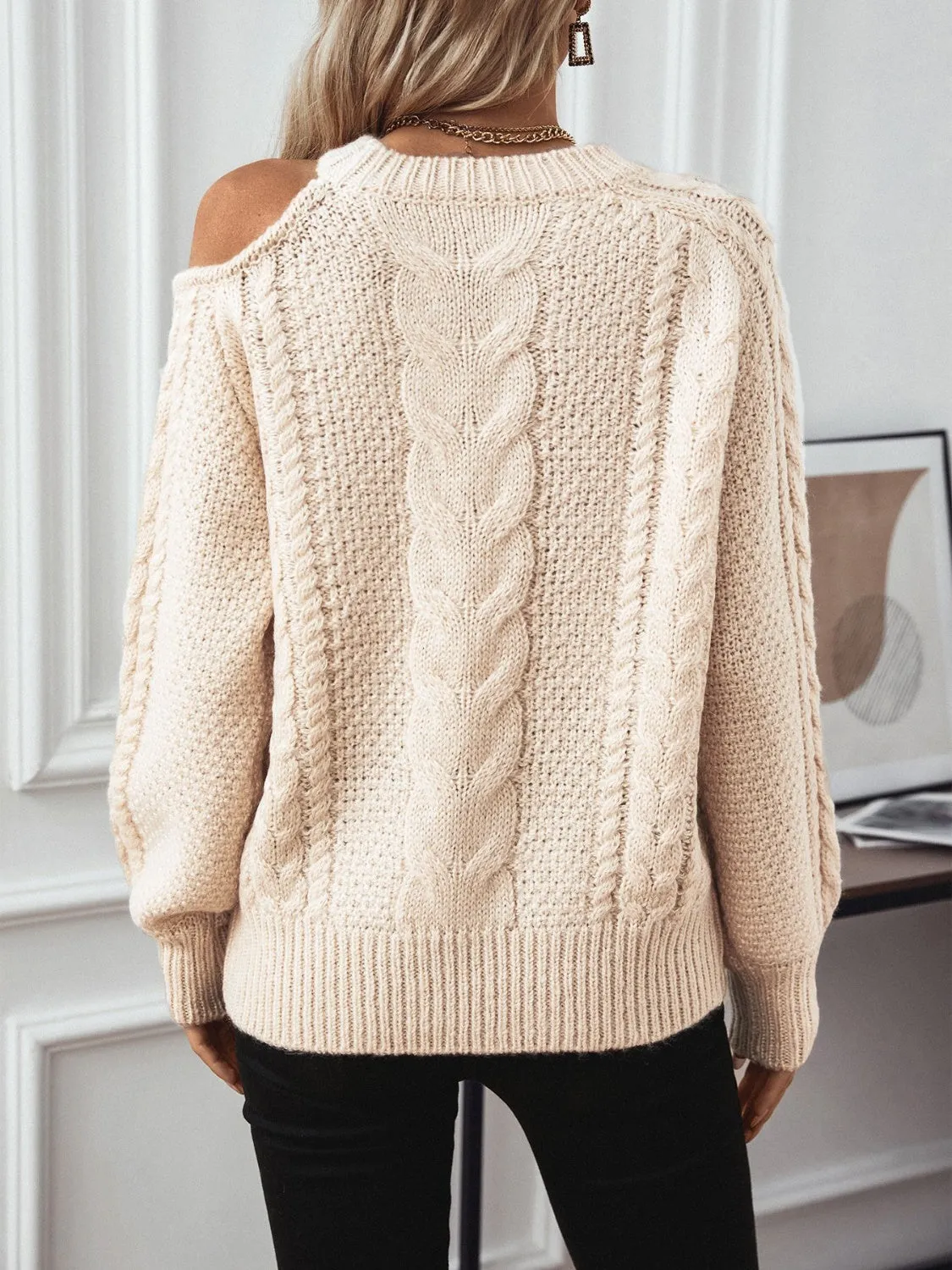 Cable Knit Round Neck Cold Shoulder Sweater sold by Charming Charlie product image thumbnail 2