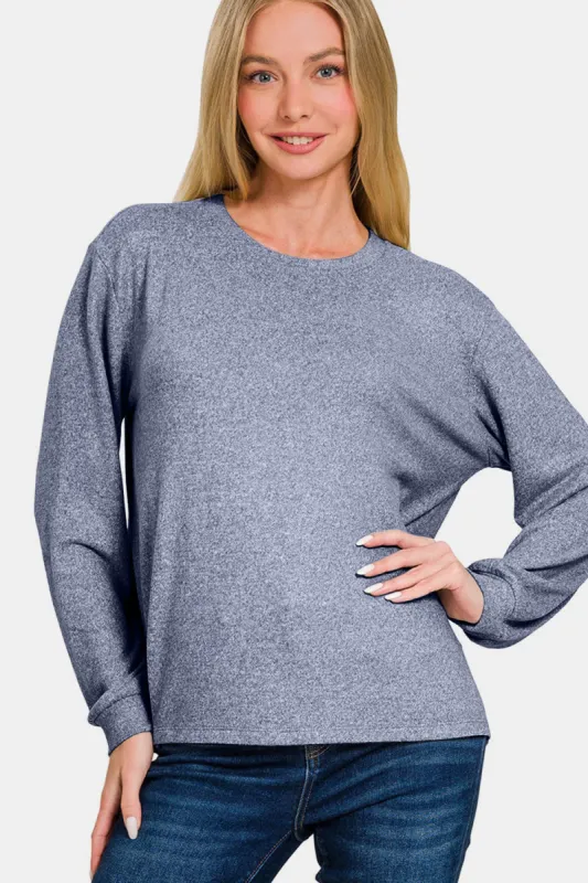 Zenana Hacci Round Neck Long Sleeve T-Shirt sold by Charming Charlie