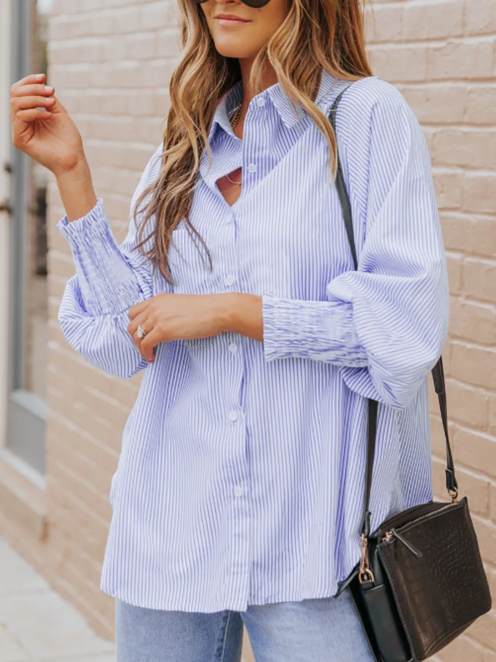 Striped Collared Neck Lantern Sleeve Shirt sold by Charming Charlie product image thumbnail 4