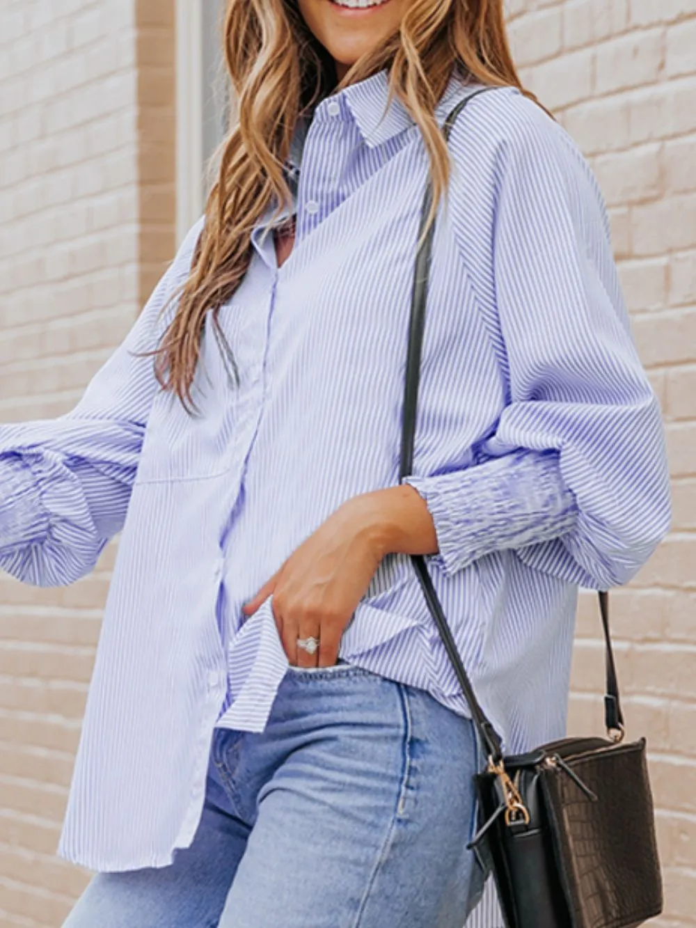 Striped Collared Neck Lantern Sleeve Shirt sold by Charming Charlie