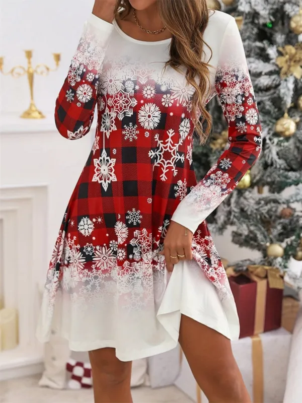 Snowflakes Plaid Round Neck Long Sleeve Dress sold by Charming Charlie