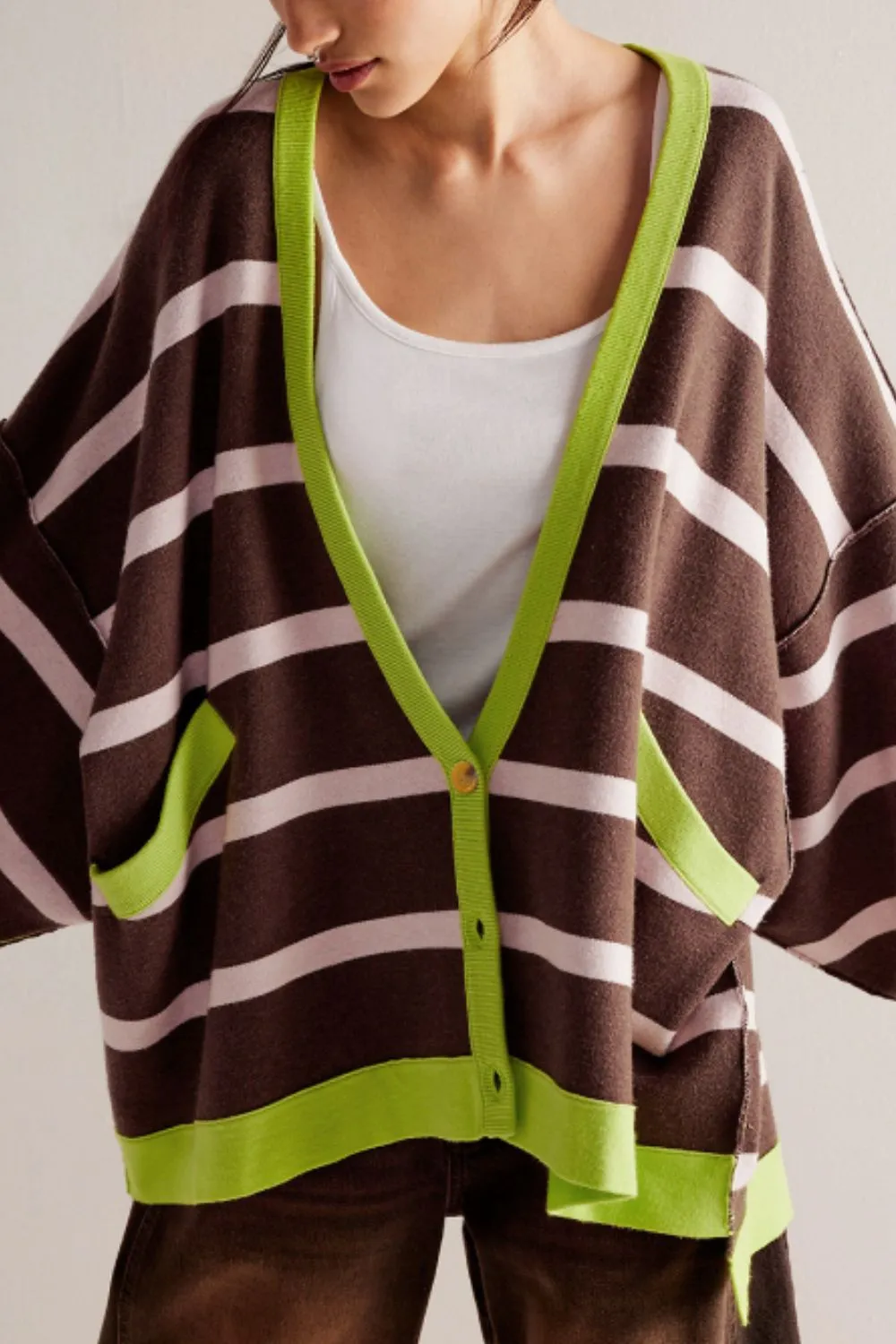 Contrast Stripes Button Down Long Sleeve Cardigan sold by Charming Charlie product image thumbnail 3
