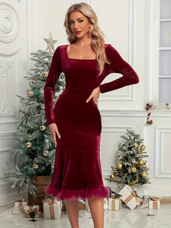Plush Hem Square Neck Long Sleeve Dress sold by Charming Charlie