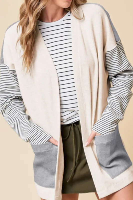 Open Front Long Sleeve Striped Cardigan with Pockets sold by Charming Charlie