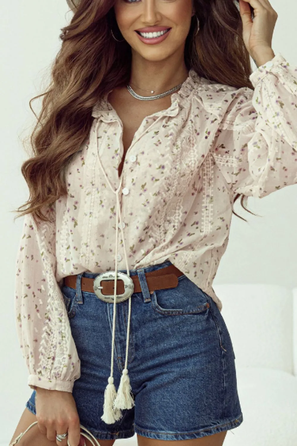 Frill Lace Detail Printed Tie Neck Long Sleeve Blouse sold by Charming Charlie product image thumbnail 4