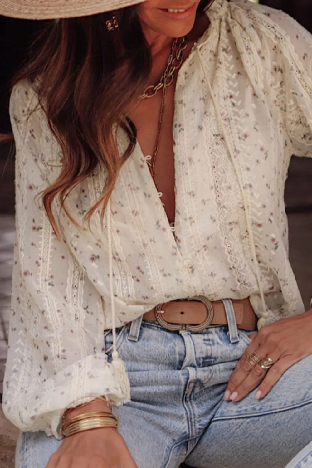 Frill Lace Detail Printed Tie Neck Long Sleeve Blouse sold by Charming Charlie