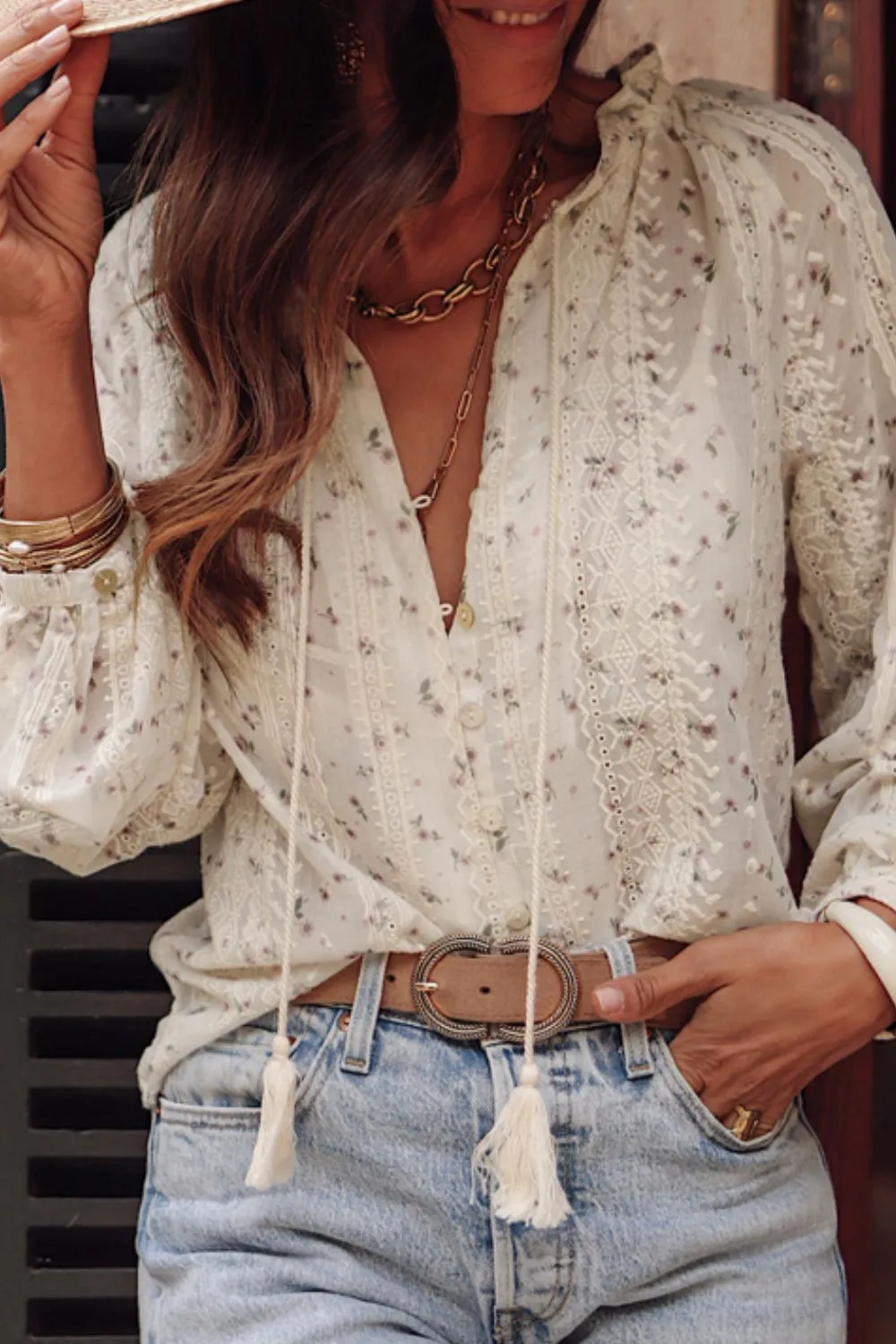 Frill Lace Detail Printed Tie Neck Long Sleeve Blouse sold by Charming Charlie product image thumbnail 2