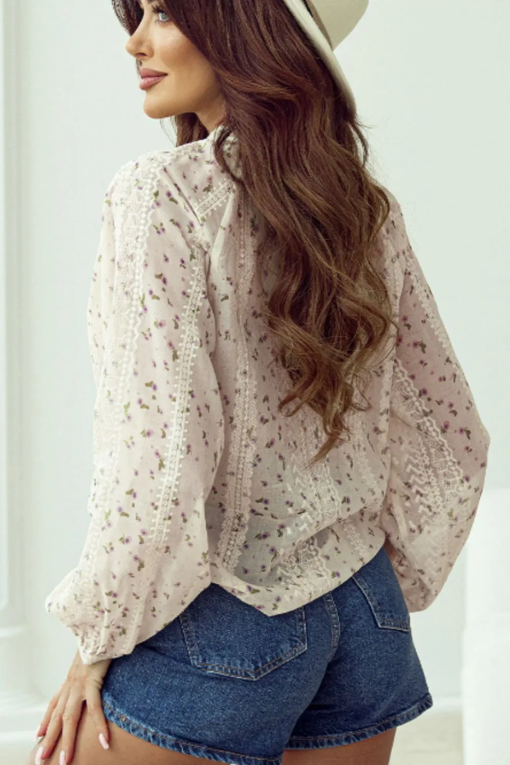 Frill Lace Detail Printed Tie Neck Long Sleeve Blouse sold by Charming Charlie product image thumbnail 5