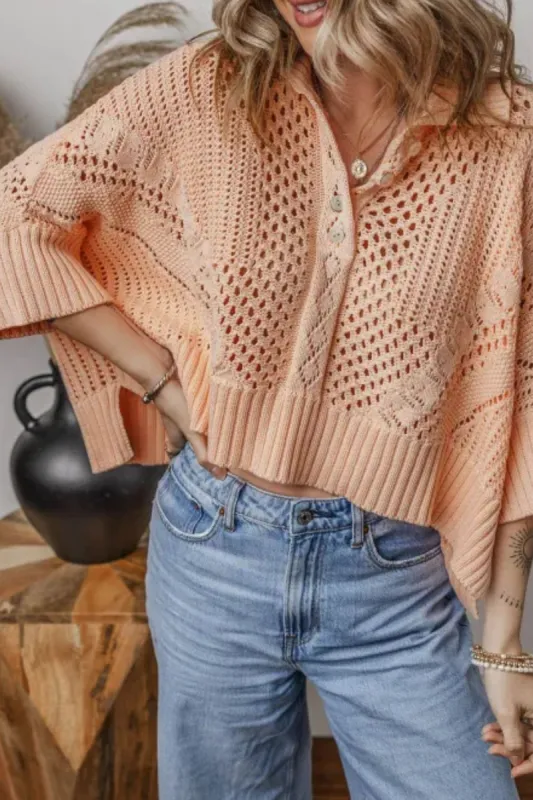 Cutout Collared Neck Three-Quarter Sleeve Sweater sold by Charming Charlie