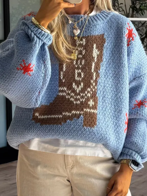 Boot Pattern Round Neck Dropped Shoulder Sweater sold by Charming Charlie
