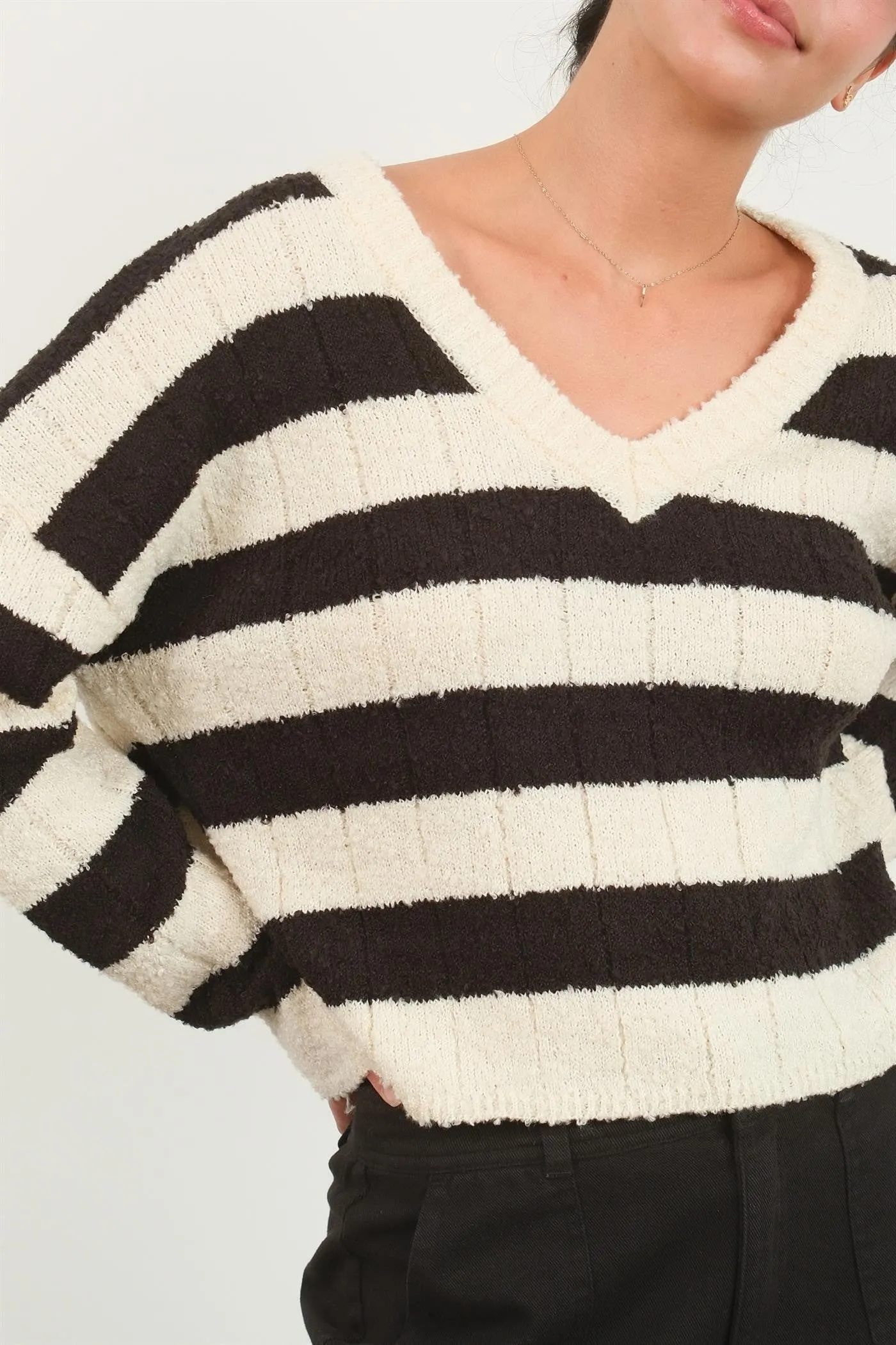 HYFVE Contrast Striped Cropped V-Neck Sweater sold by Charming Charlie product image thumbnail 4