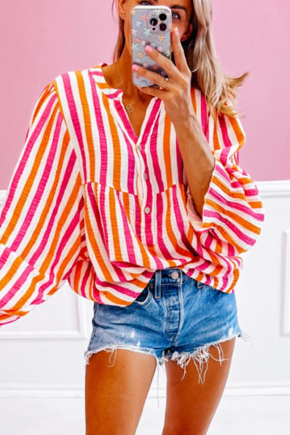 Striped Notched Flounce Sleeve Blouse sold by Charming Charlie