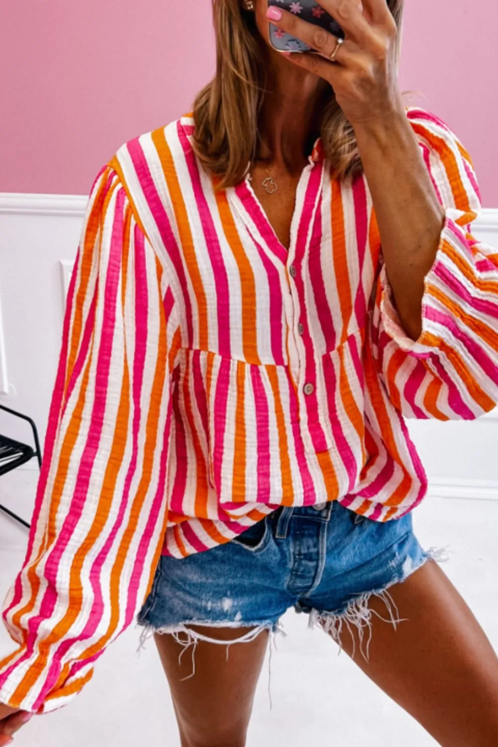Striped Notched Flounce Sleeve Blouse sold by Charming Charlie product image thumbnail 2