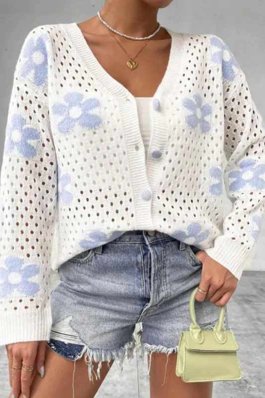 Flower Hollowed Out Button Down Long Sleeve Cardigan sold by Charming Charlie
