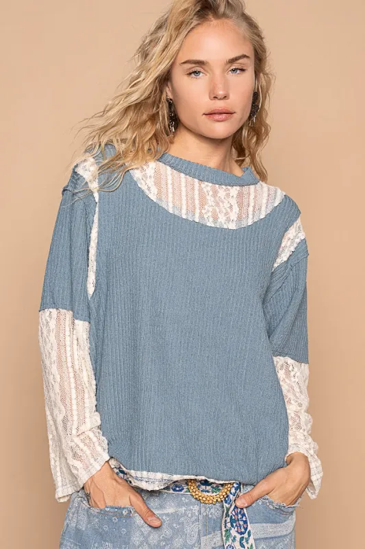 POL Lace Panel Round Neck Long Sleeve Top sold by Charming Charlie