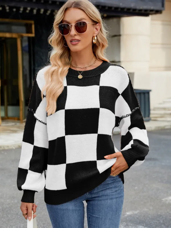 Checkered Round Neck Long Sleeve Sweater sold by Charming Charlie