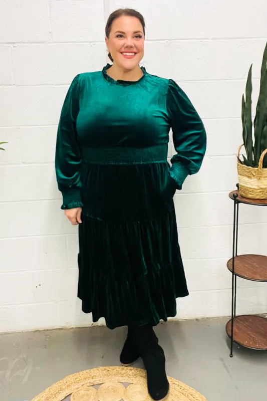 Holiday Dreaming Hunter Green Velvet Mock Neck Smocked Waist Dress sold by Charming Charlie