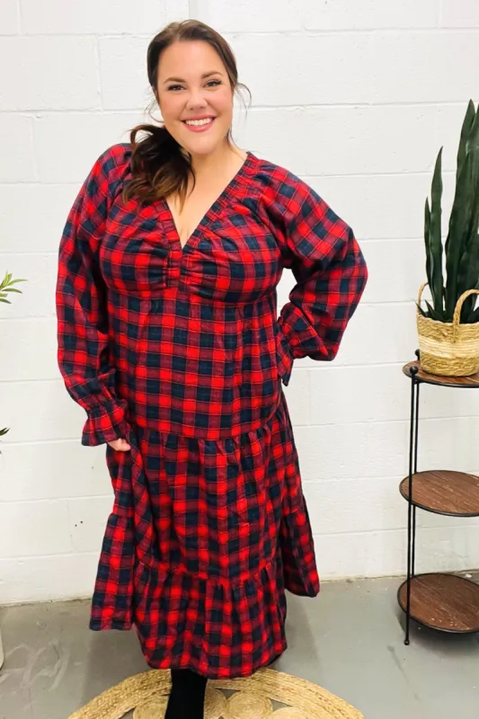 All I Want Red Plaid Elastic V Neck Tiered Maxi Dress sold by Charming Charlie