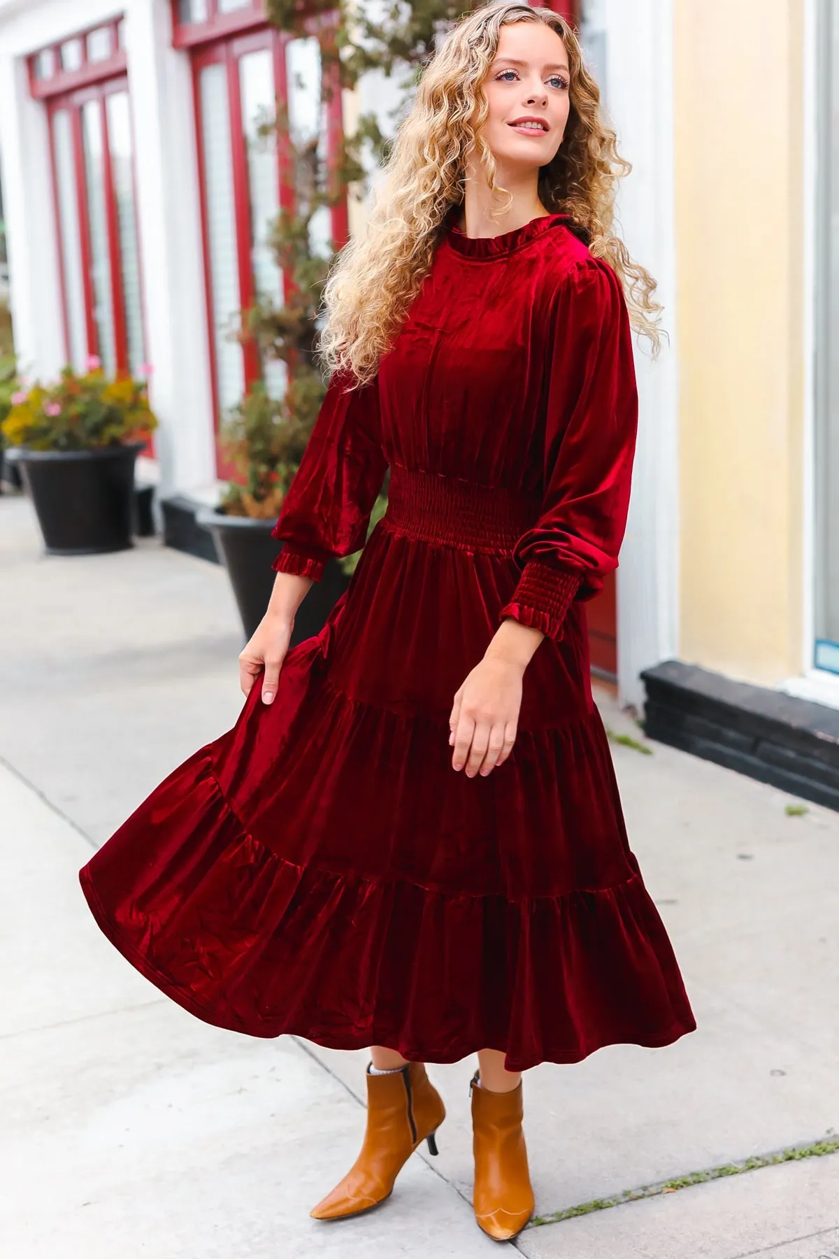 Holiday Dreaming Burgundy Velvet Mock Neck Smocked Waist Dress sold by Charming Charlie product image thumbnail 4