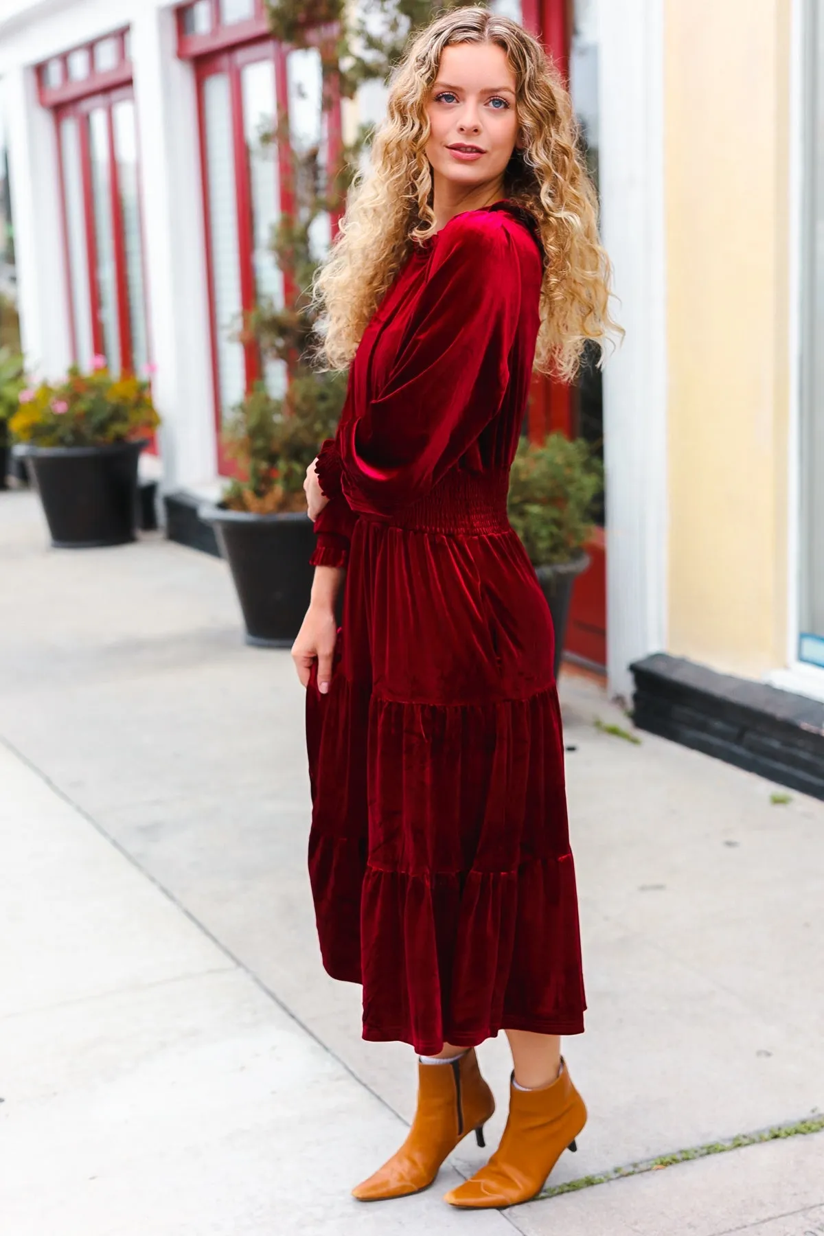 Holiday Dreaming Burgundy Velvet Mock Neck Smocked Waist Dress sold by Charming Charlie product image thumbnail 3