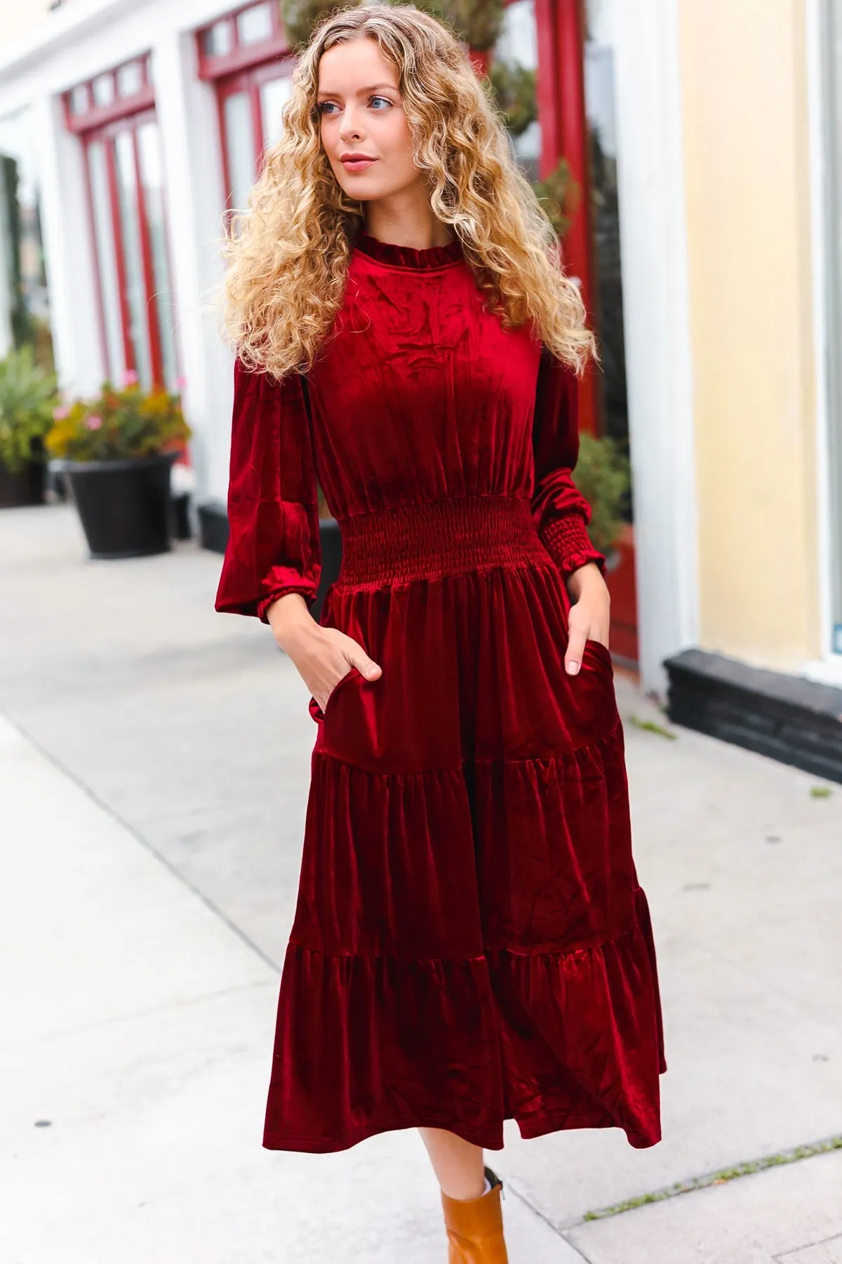 Holiday Dreaming Burgundy Velvet Mock Neck Smocked Waist Dress sold by Charming Charlie product image thumbnail 2
