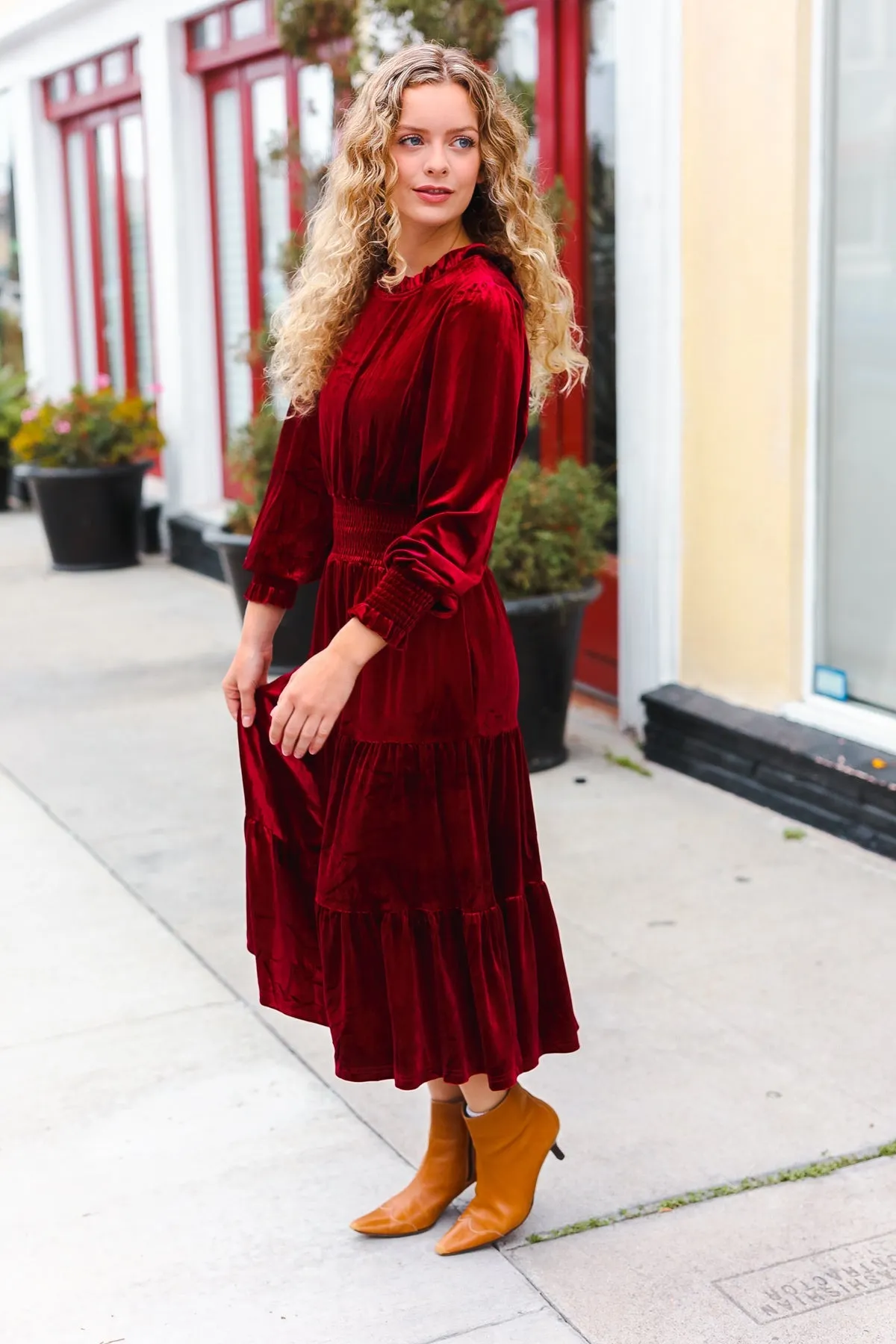Holiday Dreaming Burgundy Velvet Mock Neck Smocked Waist Dress sold by Charming Charlie product image thumbnail 5