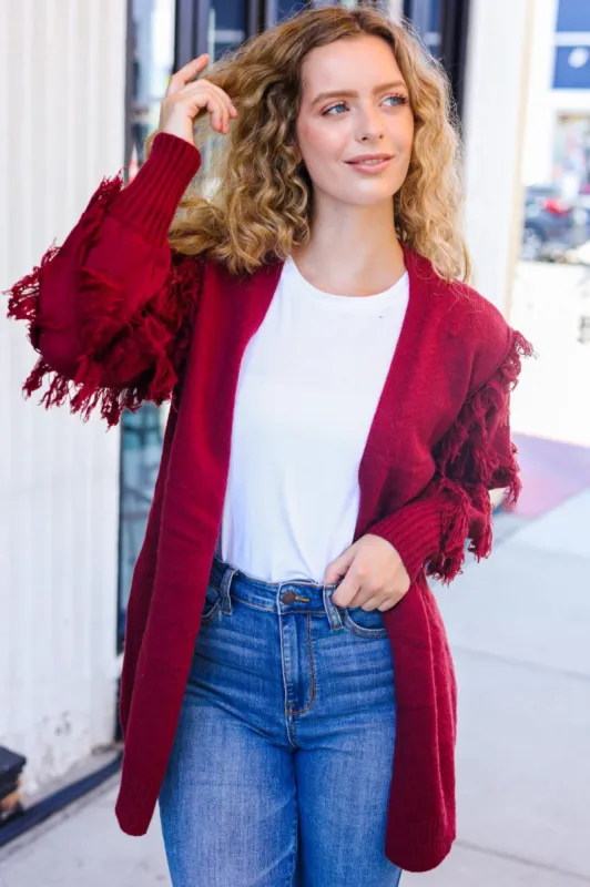 Beautiful You Burgundy Fringe Detail Knit Cardigan sold by Charming Charlie