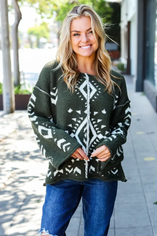 Holiday Vibes Olive Aztec Print Fuzzy Sweater sold by Charming Charlie