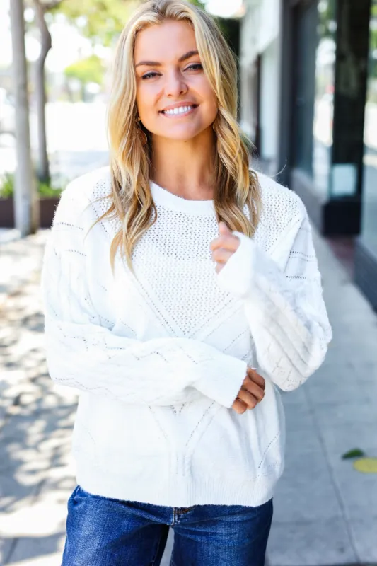 The Perfect Find Ivory Cable Knit Pointelle Crew Neck Sweater sold by Charming Charlie