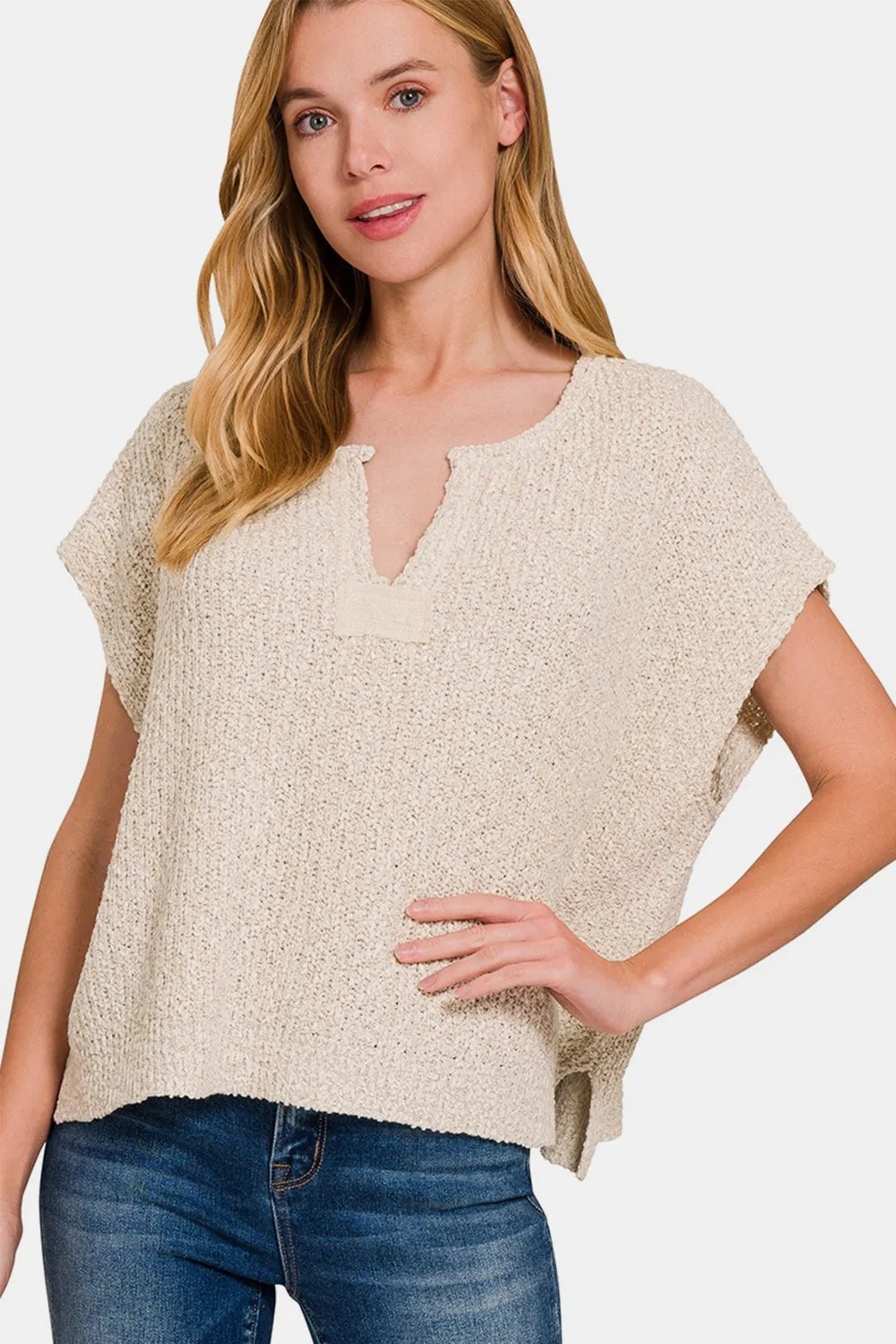 Zenana Short Sleeve Side Slit Sweater sold by Charming Charlie