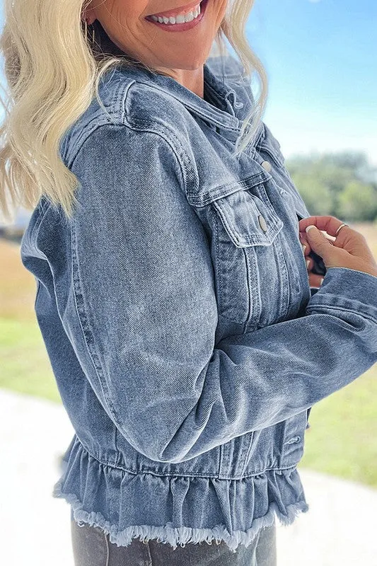 Beau Blue Ruffle Raw Hem Flap Pockets Denim Jacket sold by Charming Charlie product image thumbnail 5